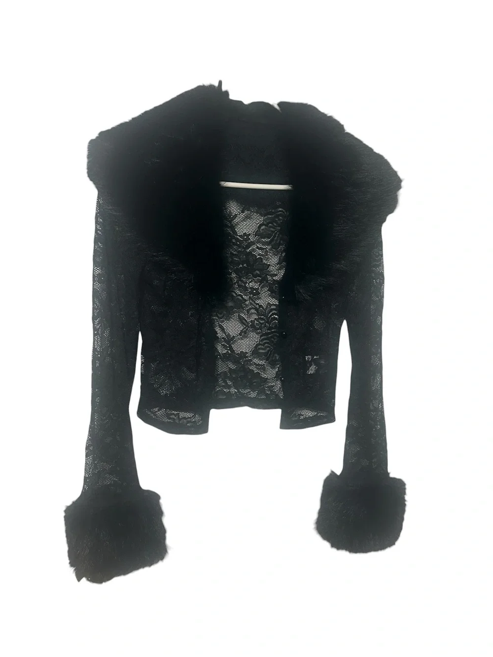 Women’s Black Lace Faux Fur Trim 2 Piece Set Small Goth Coquette Y2K